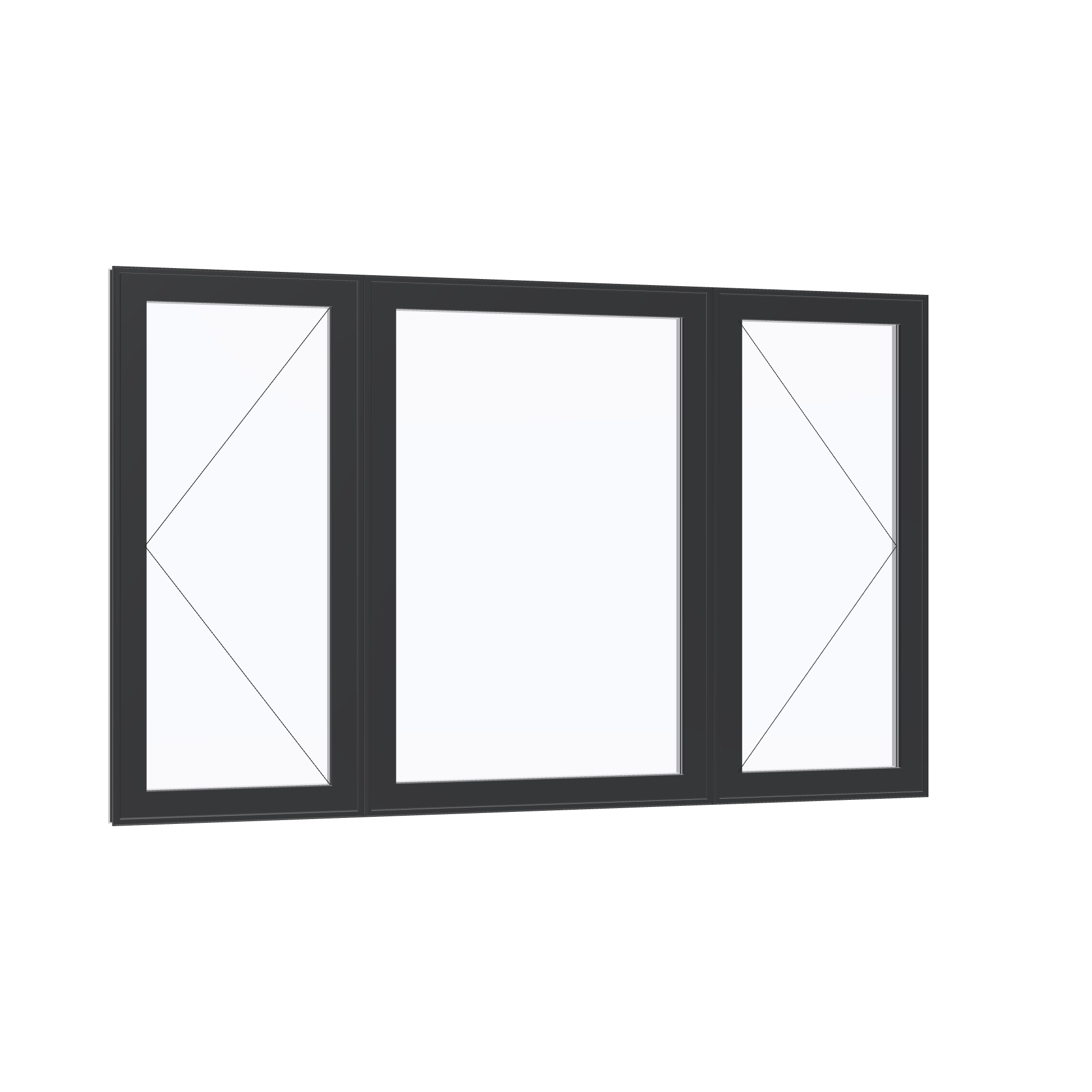 Opposite exterior angle of the 84 × 52 inch triple casement–fixed combination, black exterior / white interior, without nailing flange