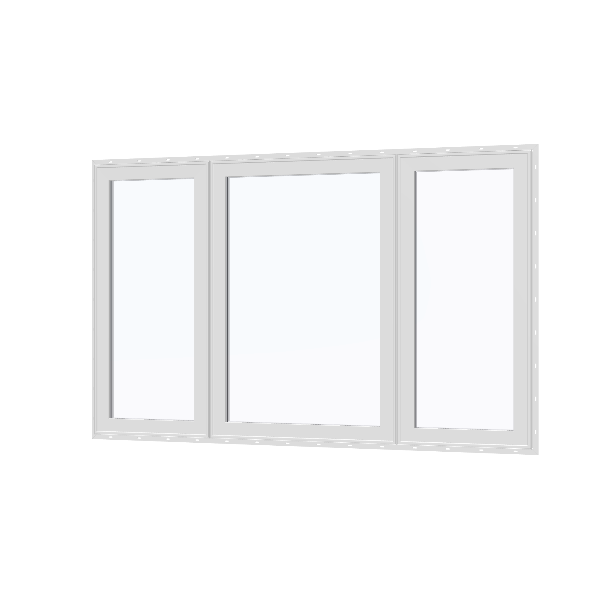 Angled exterior view of the 84 × 52 inch triple casement–fixed combination, white exterior / white interior, with nailing flange