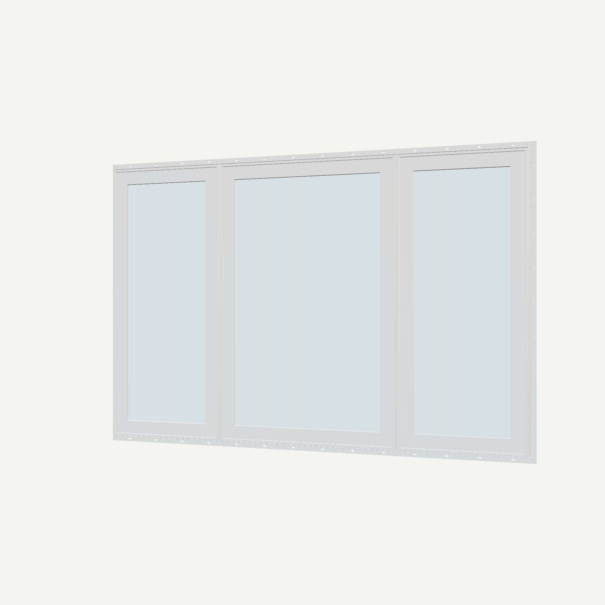 Angled exterior view of the 84 × 52 inch triple casement–fixed combination, white exterior / white interior, with nailing flange