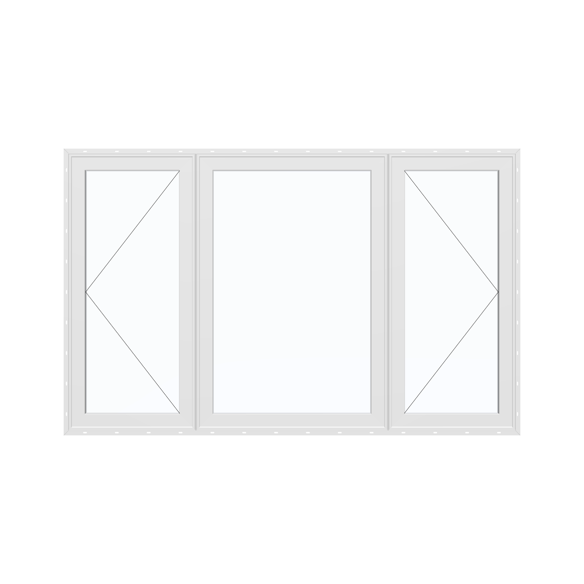 Straight exterior view of the 84 × 52 inch triple casement–fixed combination, white exterior / white interior, with nailing flange