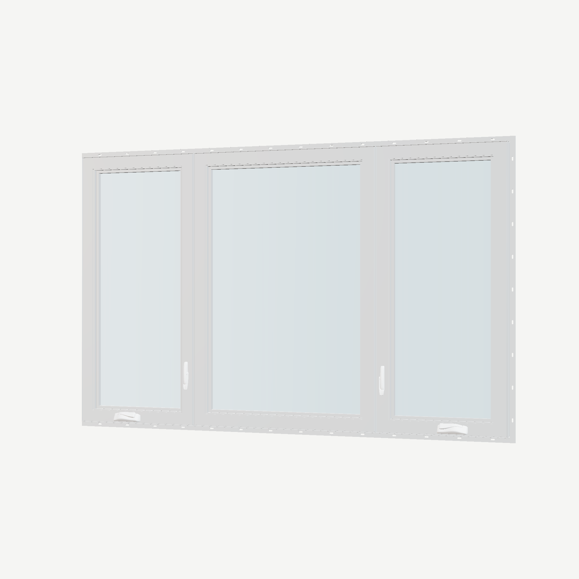 Angled interior view of the 84 × 52 inch triple casement–fixed combination, white exterior / white interior, with nailing flange