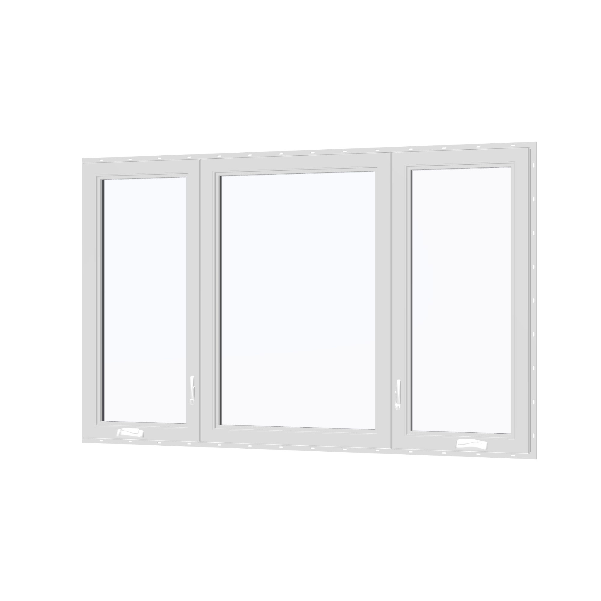 Angled interior view of the 84 × 52 inch triple casement–fixed combination, white exterior / white interior, with nailing flange