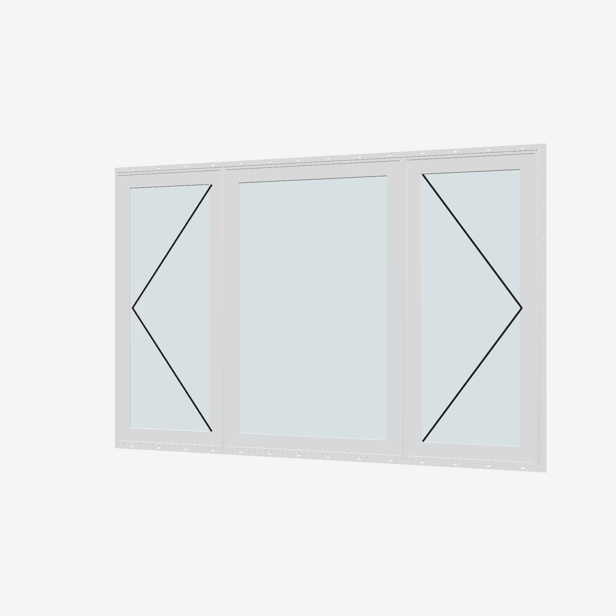 Angled exterior view with opening symbols of the 84 × 52 inch triple casement–fixed combination, white exterior / white interior, with nailing flange