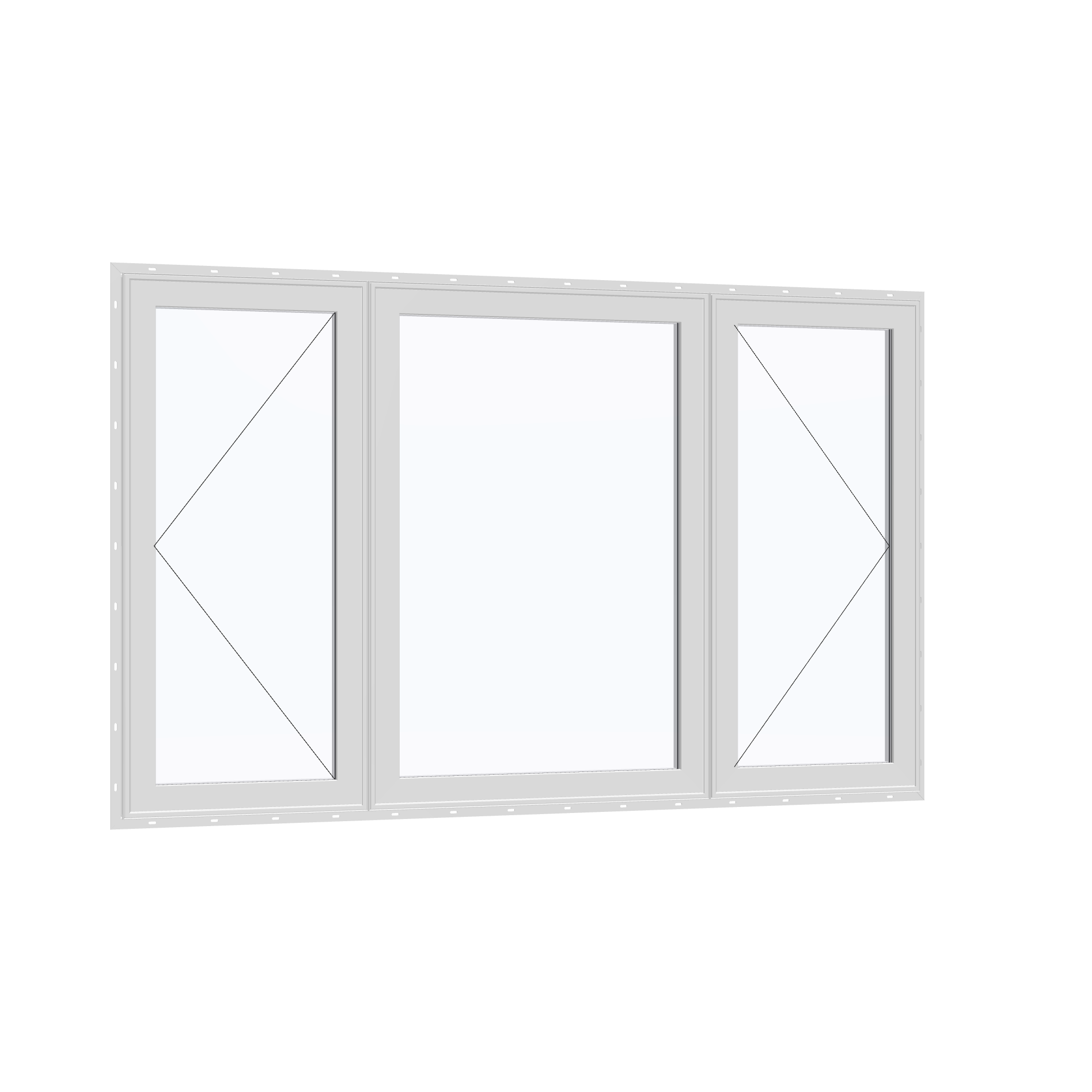 Opposite exterior angle of the 84 × 52 inch triple casement–fixed combination, white exterior / white interior, with nailing flange