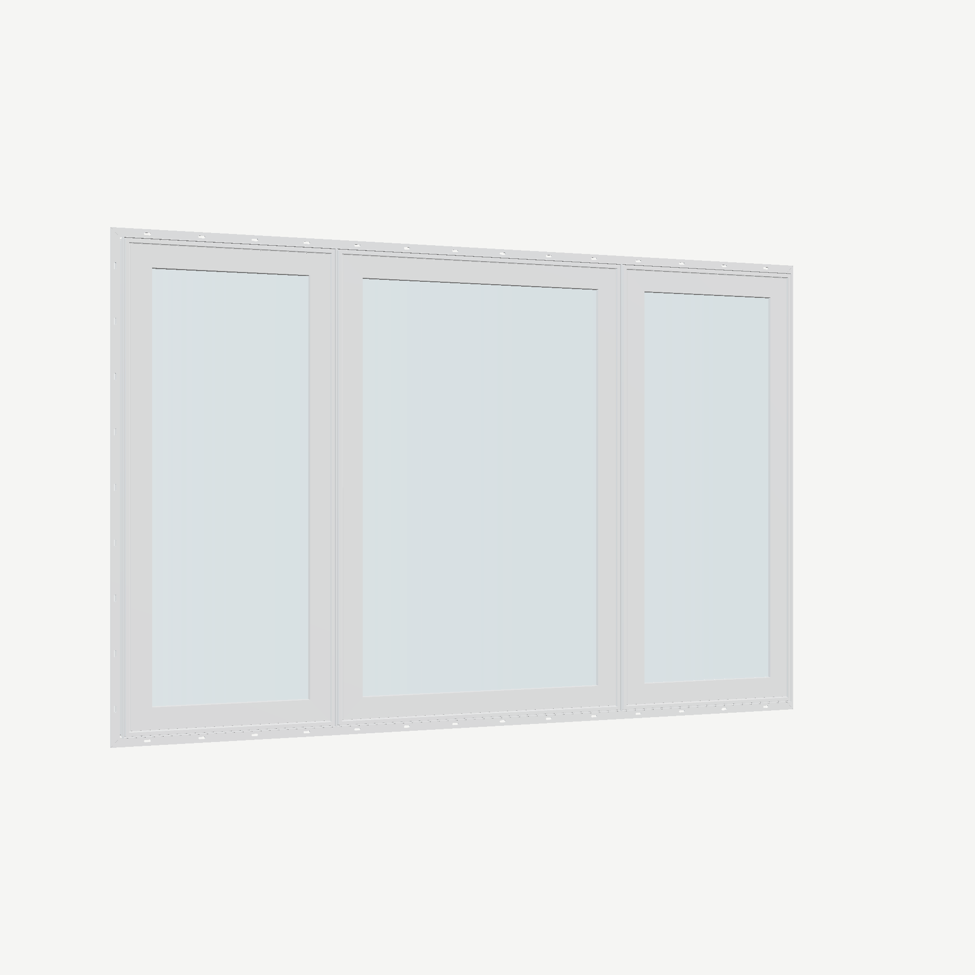 Opposite exterior angle of the 84 × 52 inch triple casement–fixed combination, white exterior / white interior, with nailing flange