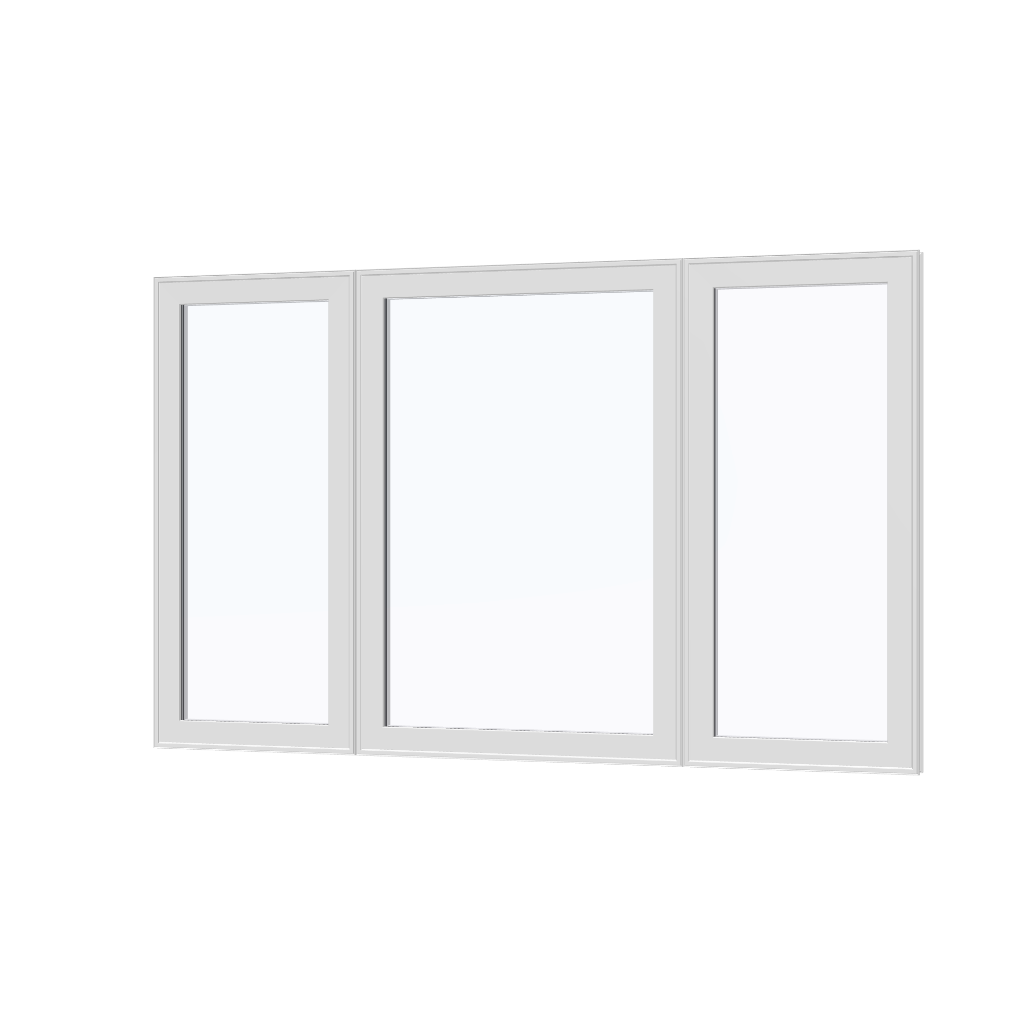Angled exterior view of the 84 × 52 inch triple casement–fixed combination, white exterior / white interior, without nailing flange