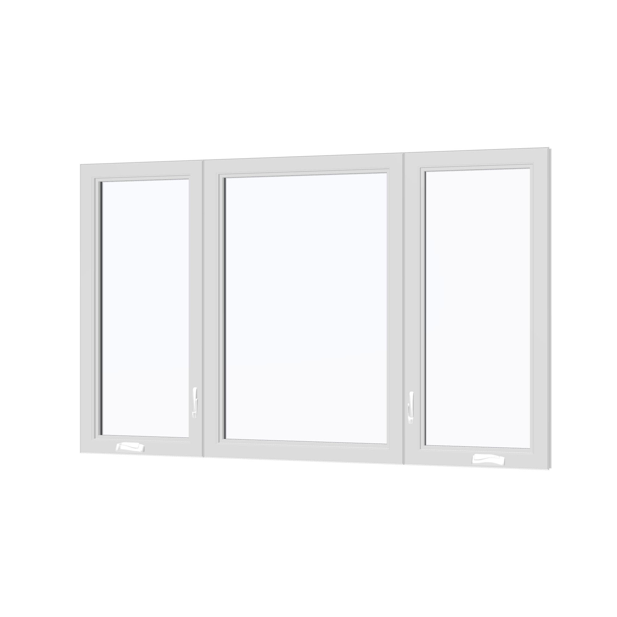 Angled interior view of the 84 × 52 inch triple casement–fixed combination, white exterior / white interior, without nailing flange