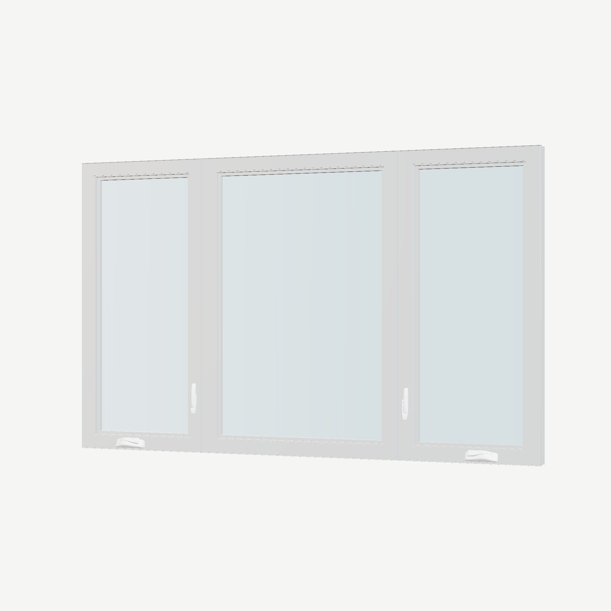 Angled interior view of the 84 × 52 inch triple casement–fixed combination, white exterior / white interior, without nailing flange