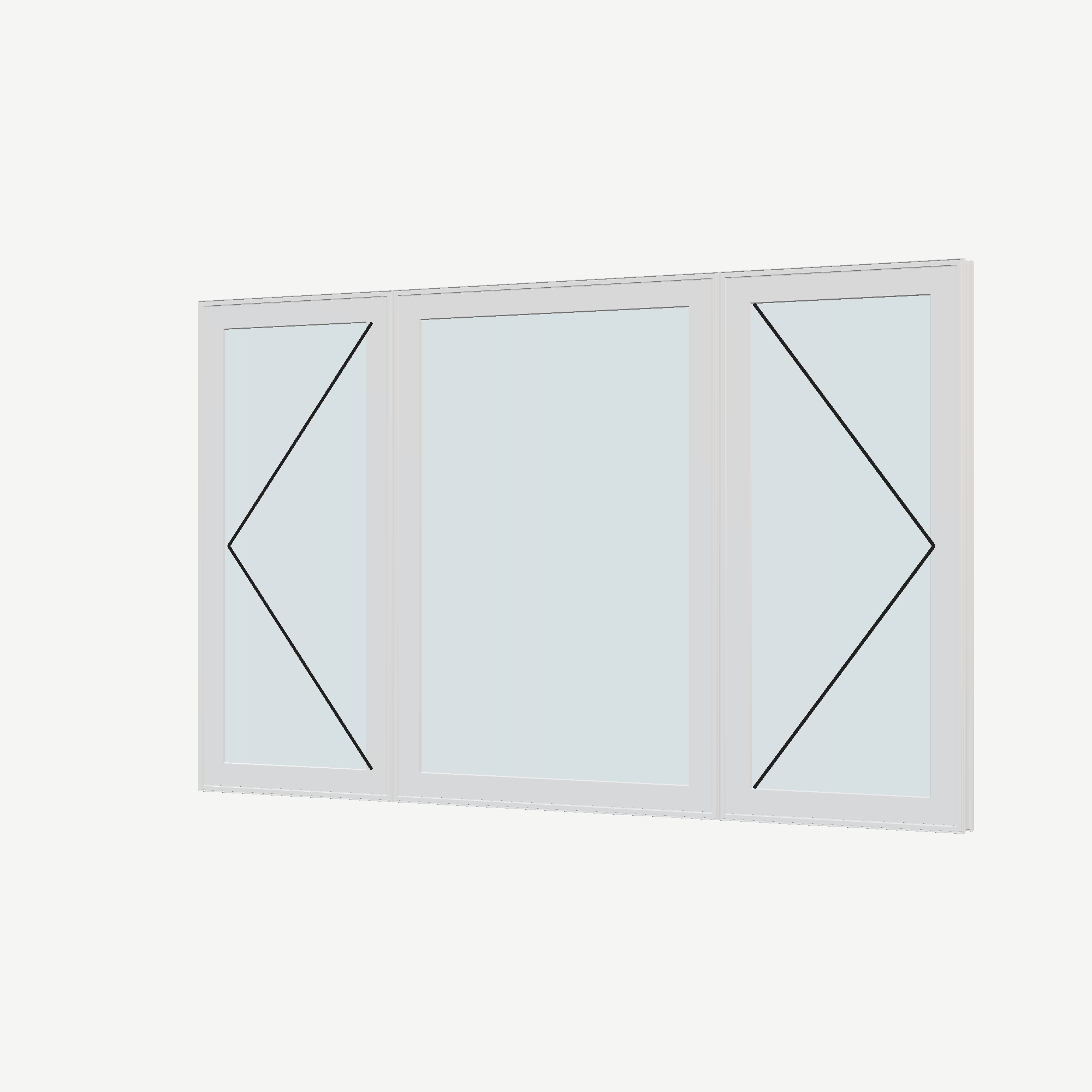 Angled exterior view with opening symbols of the 84 × 52 inch triple casement–fixed combination, white exterior / white interior, without nailing flange