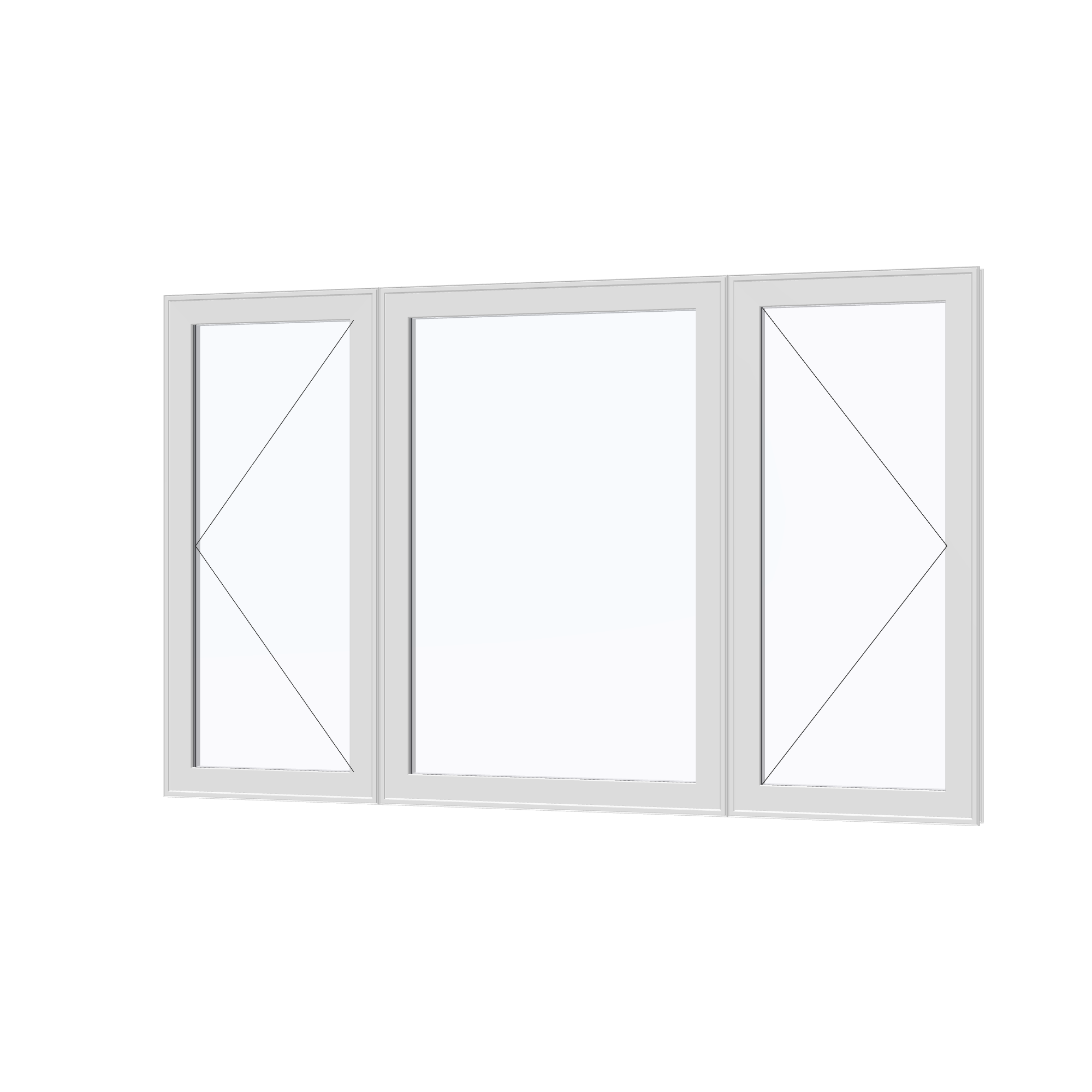 Angled exterior view with opening symbols of the 84 × 52 inch triple casement–fixed combination, white exterior / white interior, without nailing flange