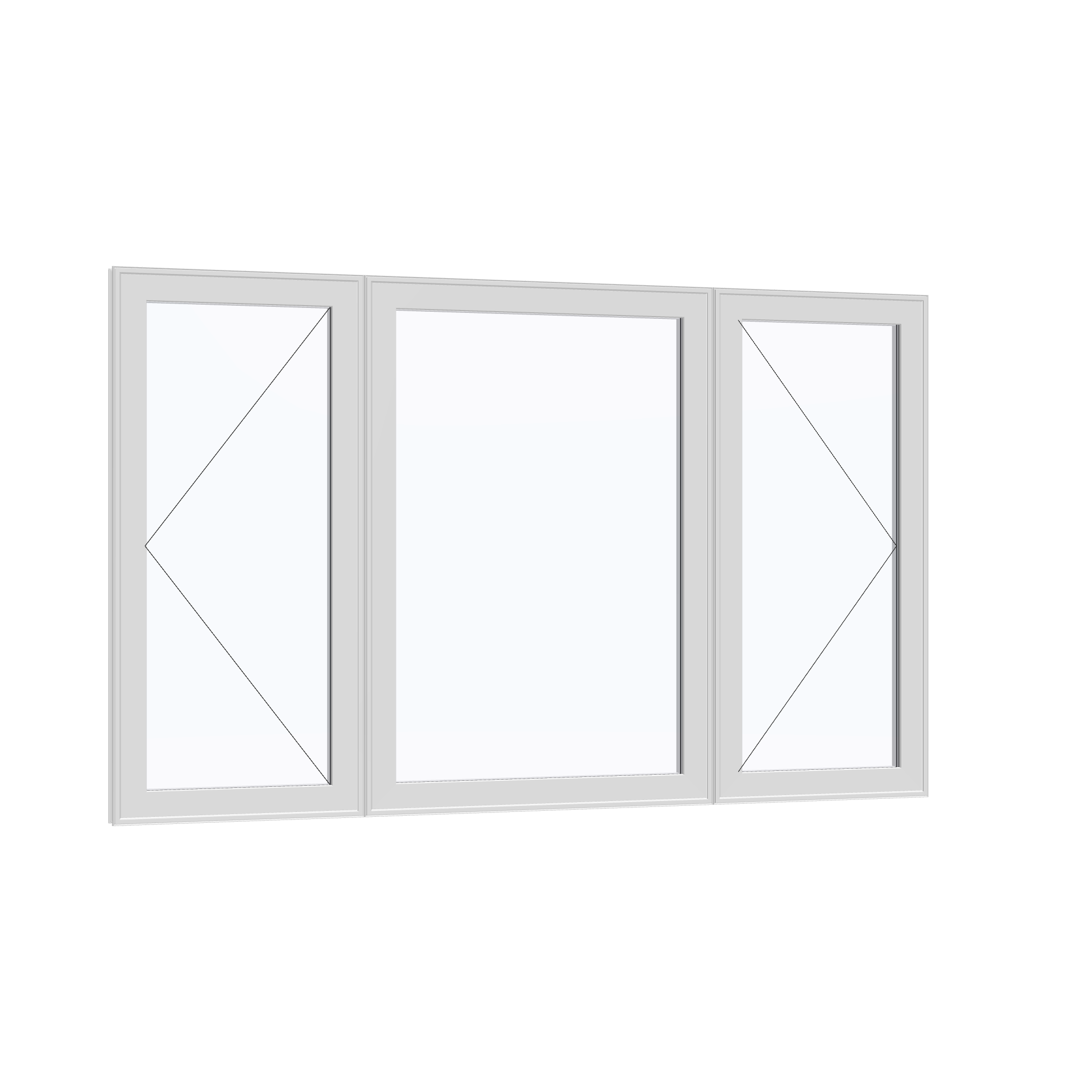 Opposite exterior angle of the 84 × 52 inch triple casement–fixed combination, white exterior / white interior, without nailing flange
