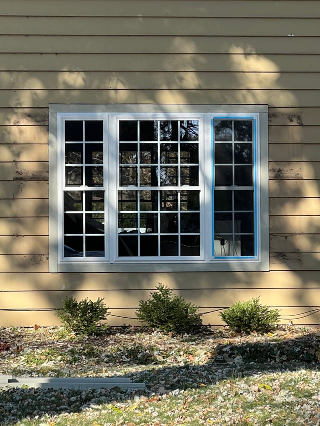 White window with rectangular divided-light grids against tan horizontal siding