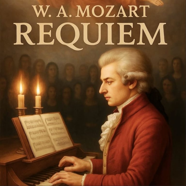 ציור של מוצרט יושב מול פסנתר ומנגן מן הספר תווים על הפסנתר יש שתי נרות וקהל מסתכל עליו