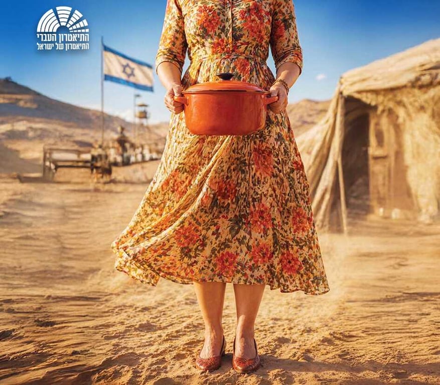 תמונה של אישה עם שמלה, לא רואים את הראש שלה, מחזיקה סיר ובקרע בסיס צבאי במדבר ובאמצע שם המופע