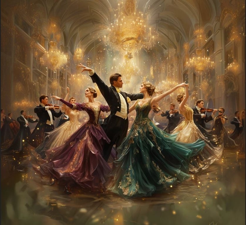 זוגות רוקדים וואלס בנשף בארמון ומאחוריהם נגנים מנגנים בכינור