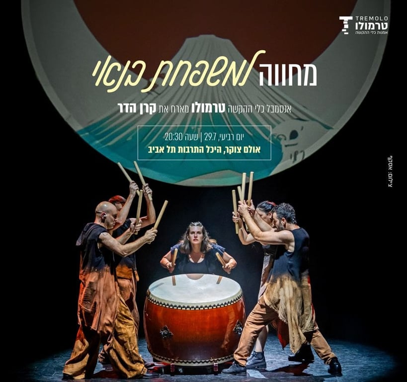 משתתפי המופע עם מקלות סביב תוף ומעליהם פרטי המופע