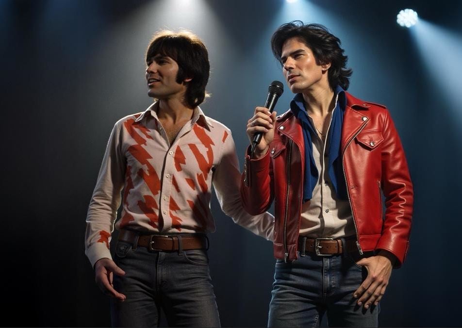 תמונה של זוג שני גברים עם ספוט של אורות מעליהם ואחד מחזיק מקרופון