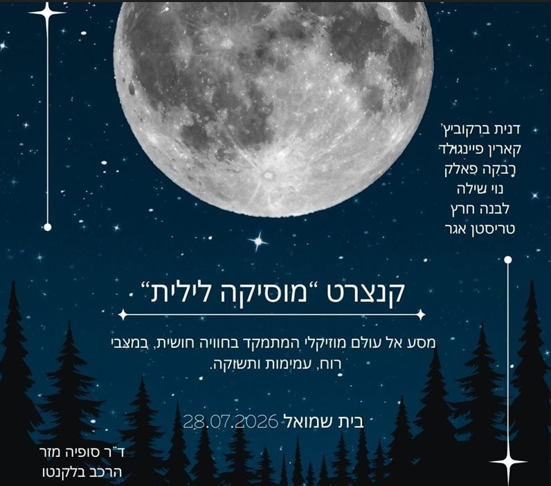 ירח גדול והמון כוכבים ומתחתיהם עצים