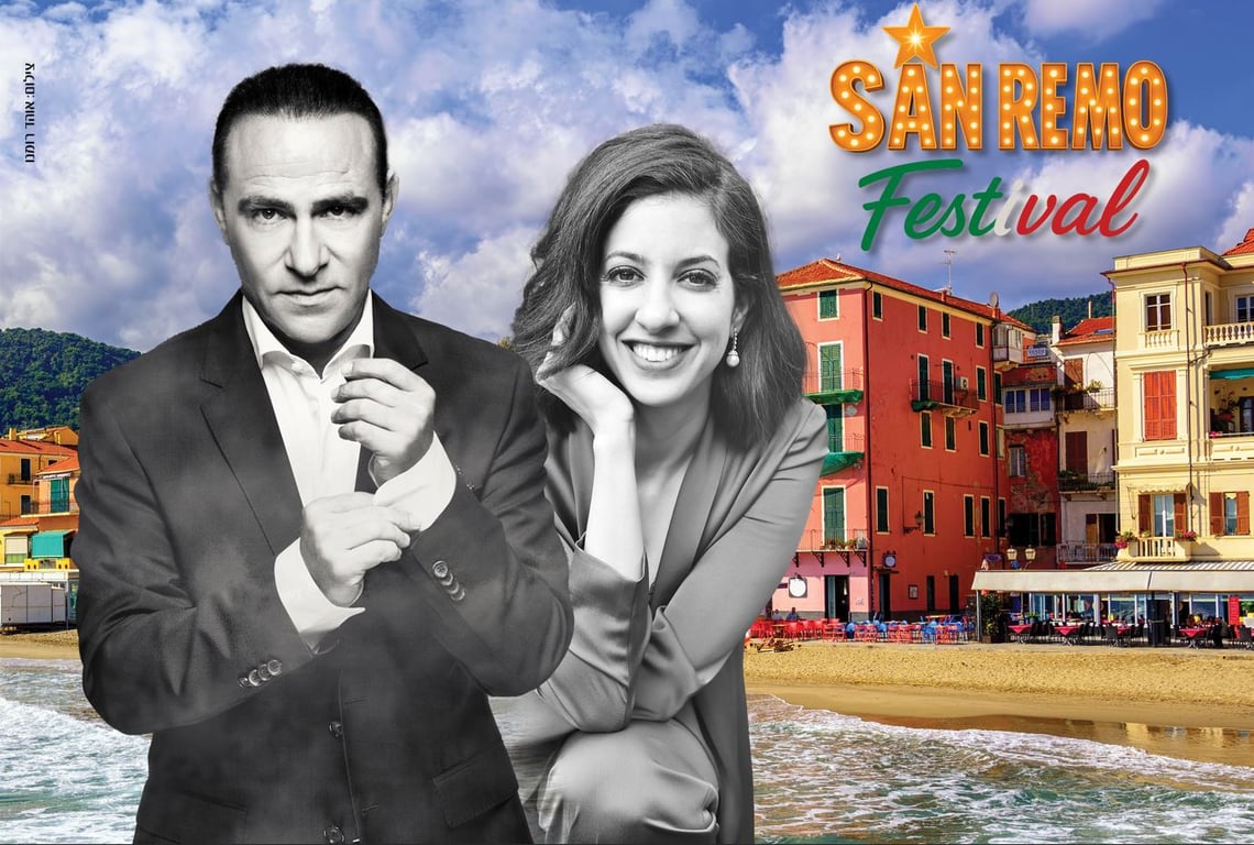 כוכבי הקונצרט גבר ואישה ומאחוריהם חוף ים והכיתוב סן רמו פסטיבל