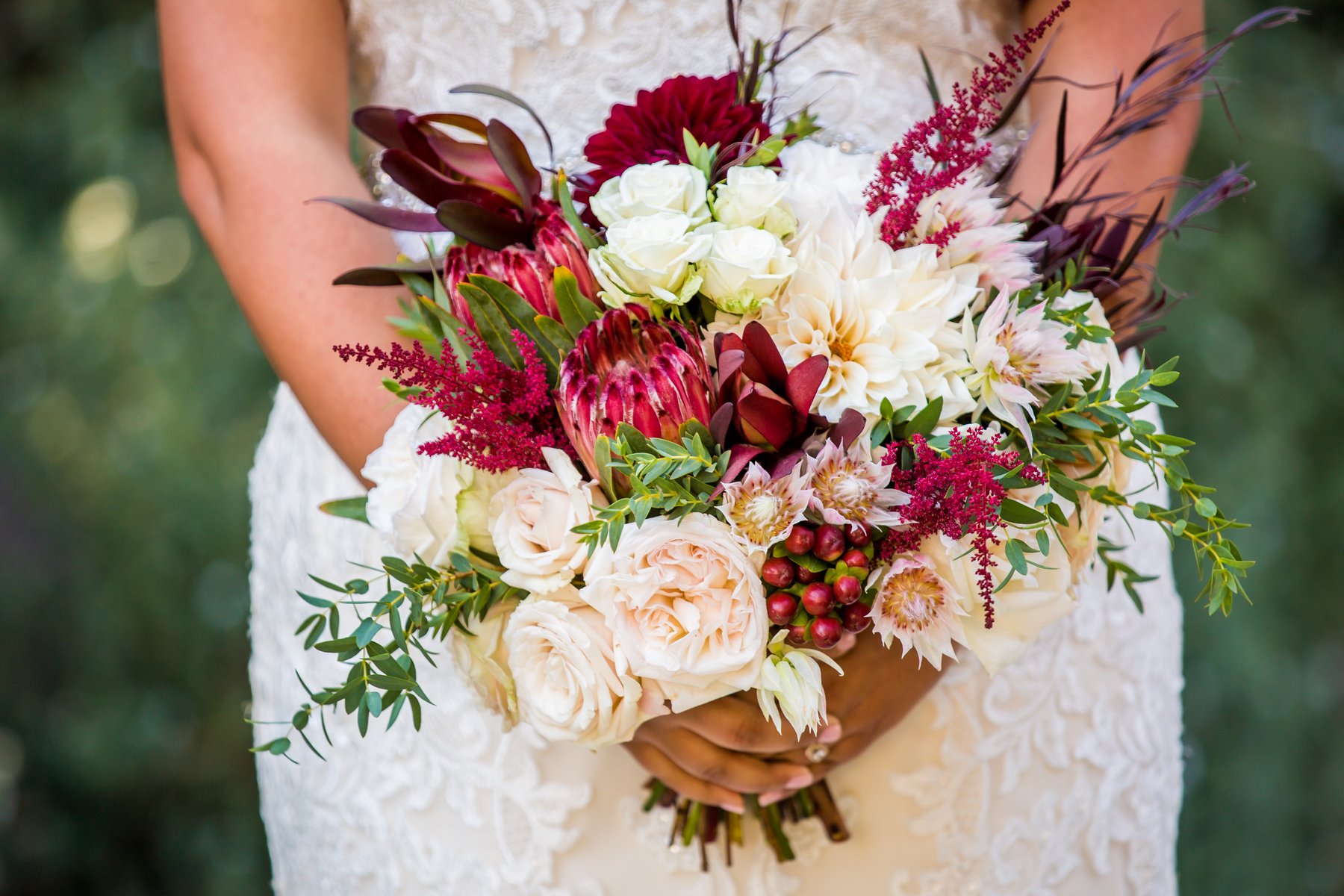 Romantic Rhapsody, Bridal Bouquet with Burgundy, Blush and Ivory Roses –  Papiro