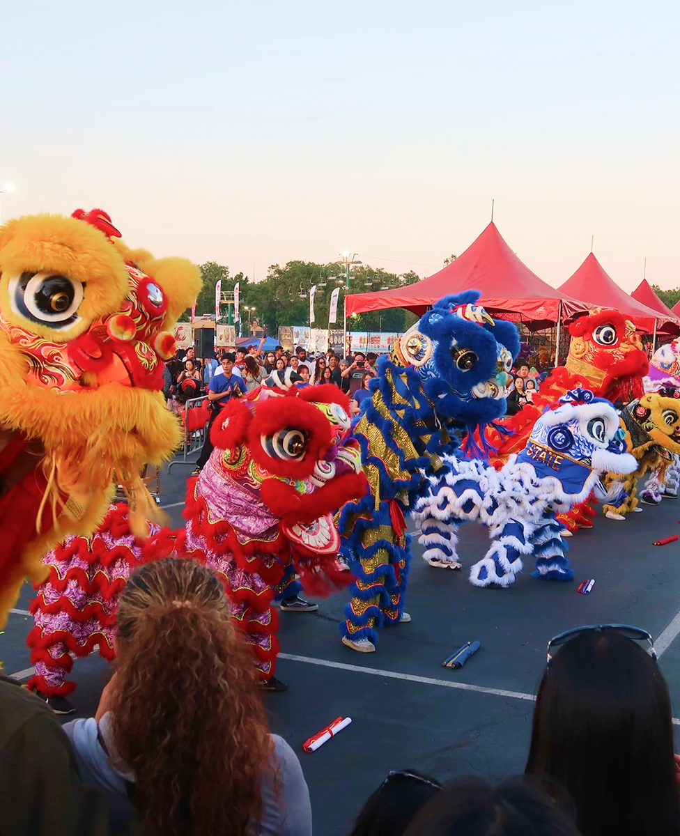 Multiple lion dance performers in vibrant red, blue, yellow, and white costumes perform in front of a large crowd at an outdoor festival with red tents during sunset