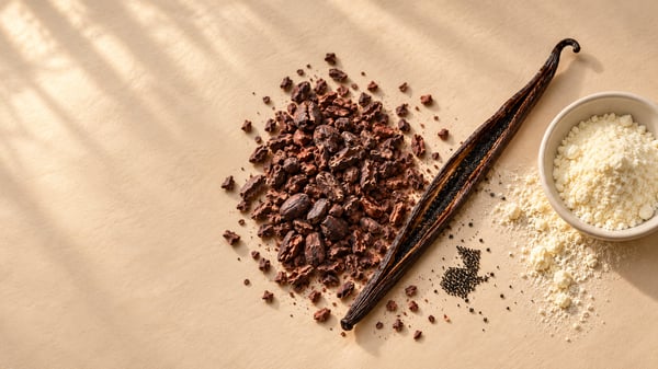 A split vanilla bean beside cacao nibs and a bowl of milk powder