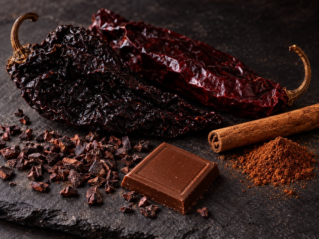 Dried ancho and guajillo chiles, cinnamon and milk chocolate