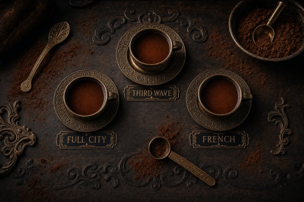 Three cups of Ghana brewing cacao — Third Wave, Full City, French