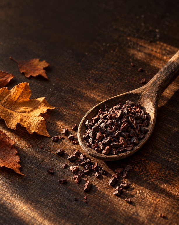 Cacao nibs in a wooden spoon beside autumn leaves