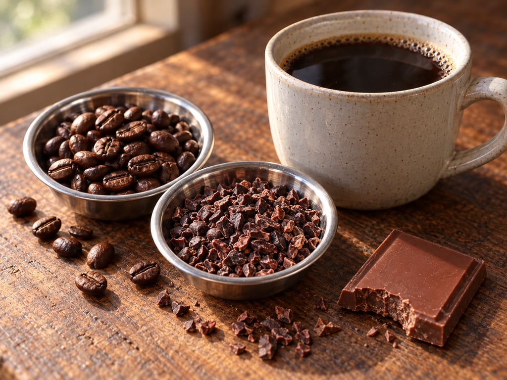Coffee beans and cacao nibs beside black coffee and milk chocolate
