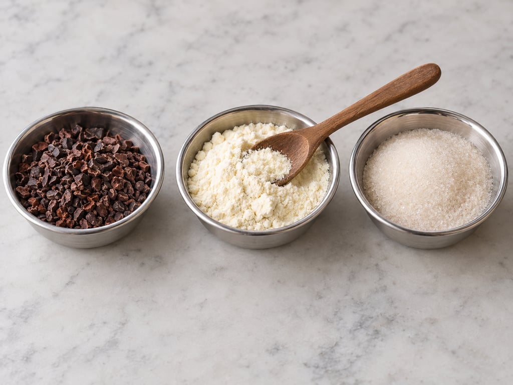 Three bowls of cacao nibs, milk powder and sugar with a wooden spoon