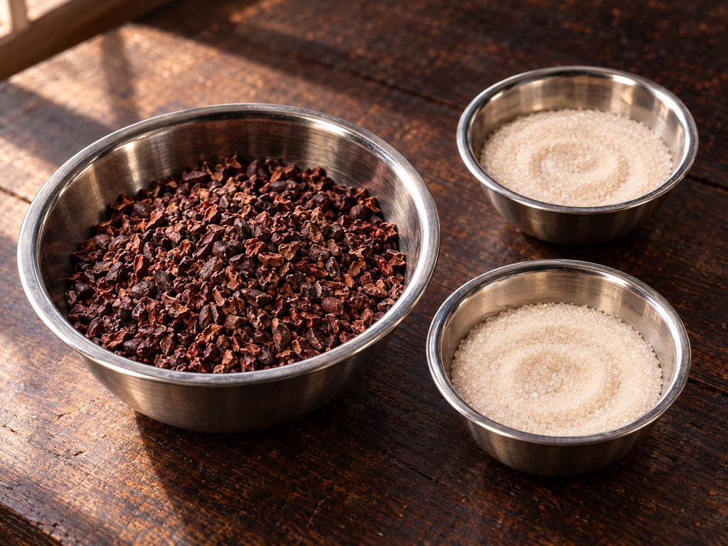 Cacao nibs beside two equal portions of sugar, with half set aside