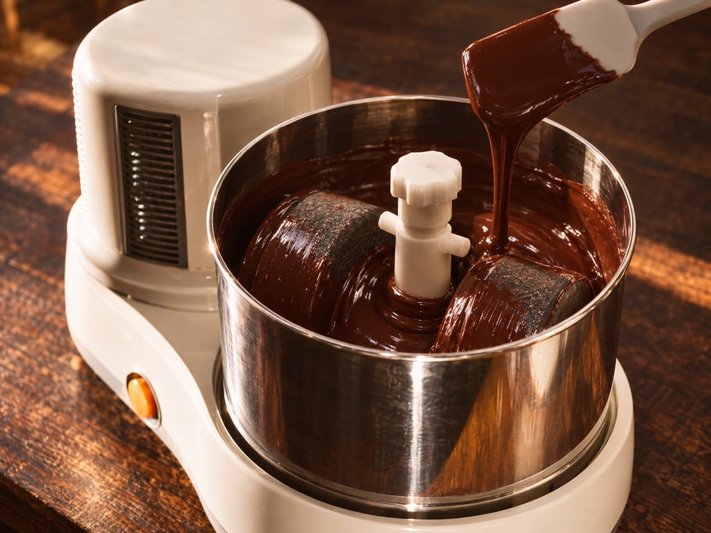 A ribbon of dark chocolate falling into a melanger