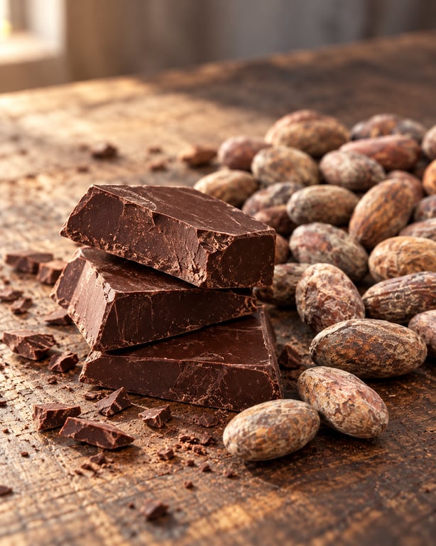 Dark chocolate pieces beside cacao beans on a wooden worktable