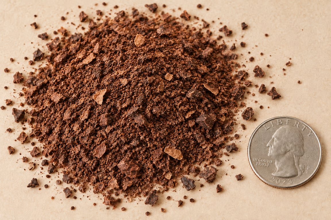 Ground brewing cacao shown at roughly life size with a coin for scale