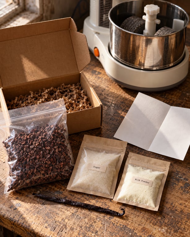 Prepared kit ingredients beside a chocolate melanger