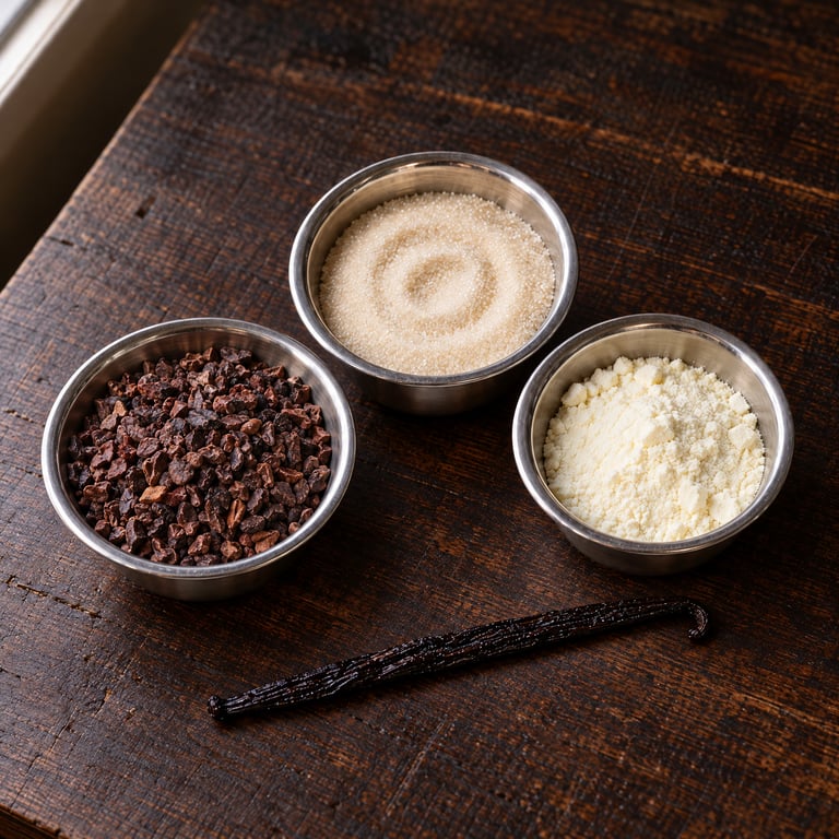 Guatemala Kampura cacao nibs, sugar, milk powder and a vanilla bean on dark wood