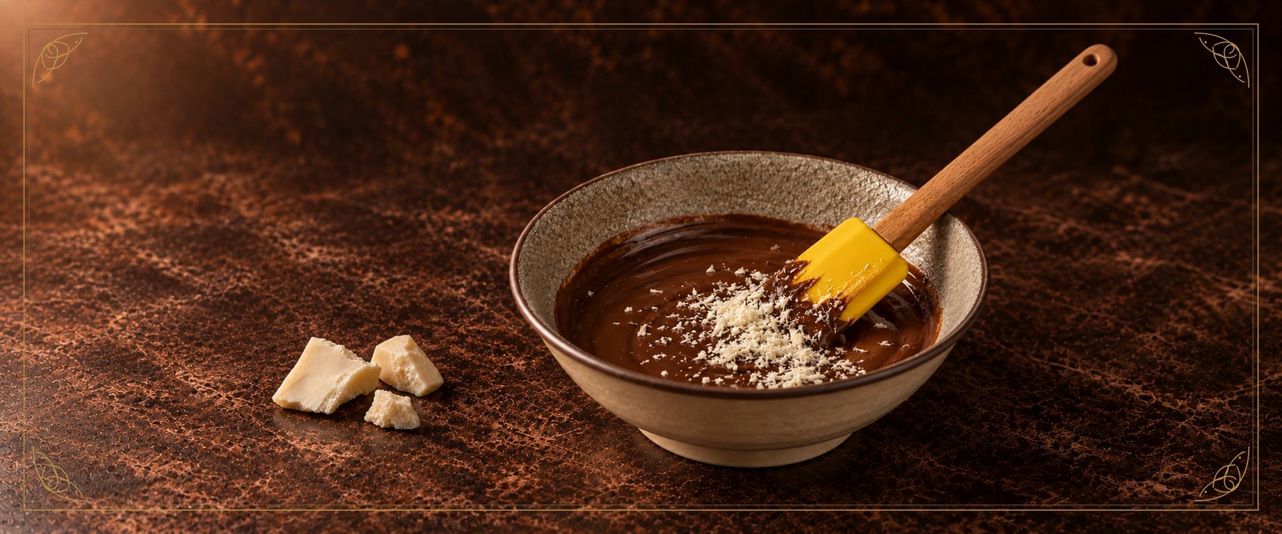 Cocoa Butter Silk pieces beside a bowl of melted chocolate topped with grated Silk