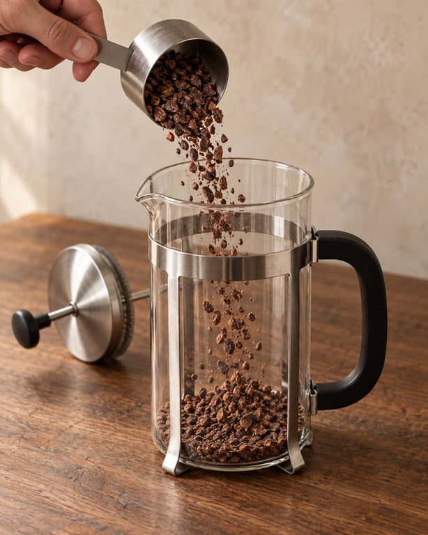 Brewing cacao grounds going into a French press