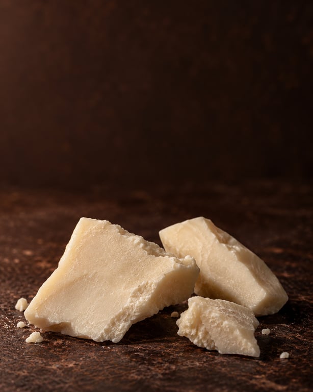 Pieces of Cocoa Butter Silk on a warm brown surface