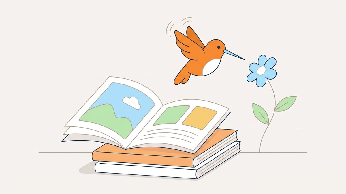 Illustration: Ein orangefarbener Kolibri schwebt über einem aufgeschlagenen Magazin neben einer Blüte