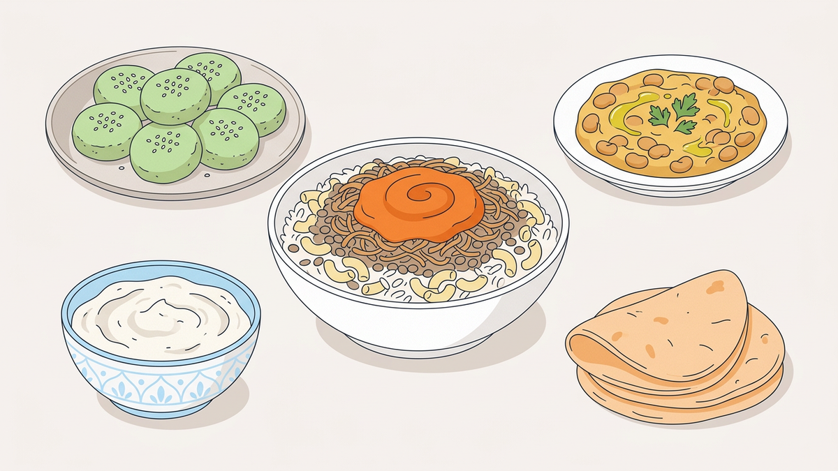 Flache Illustration typischer ägyptischer Gerichte auf hellem Hintergrund