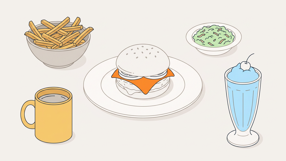Flache Illustration typischer amerikanischer Gerichte wie Burger und Pommes auf hellem Hintergrund