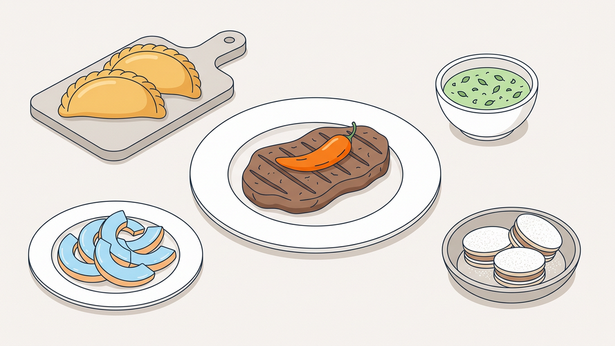 Flache Illustration typischer argentinischer Gerichte auf einem hellen Hintergrund