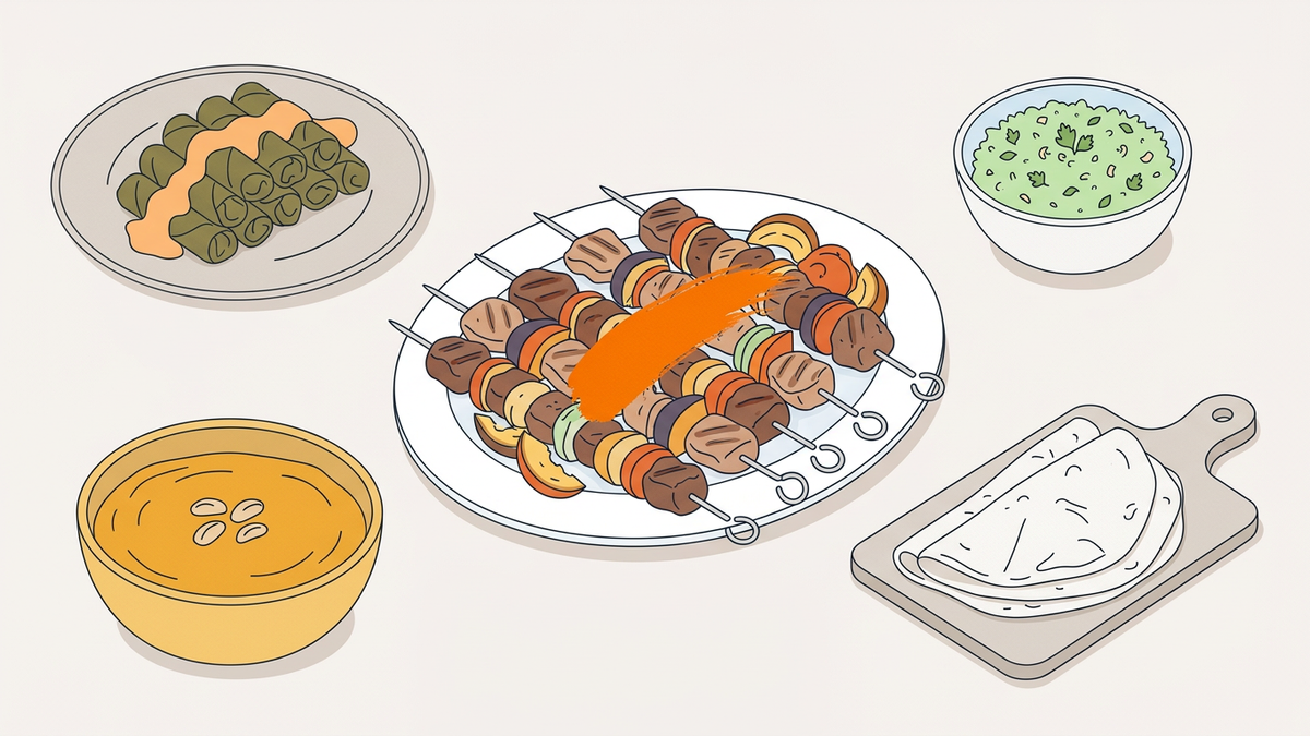 Flache Illustration typischer armenischer Gerichte auf hellem Hintergrund.