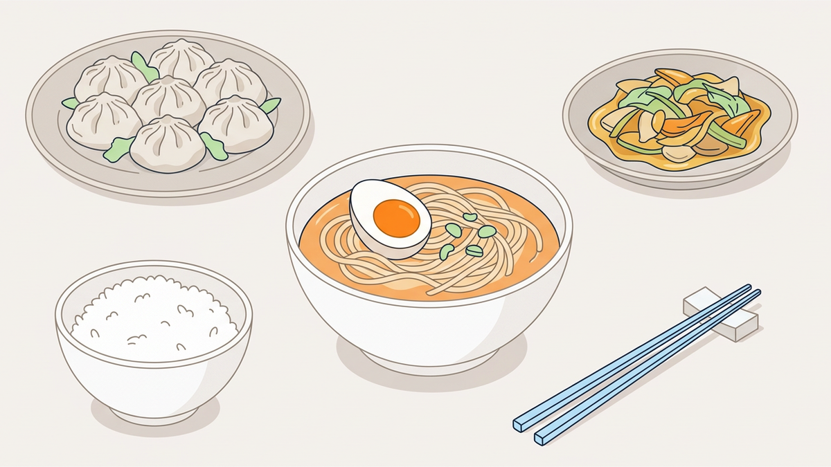 Flache Illustration verschiedener asiatischer Gerichte auf einem hellen Hintergrund