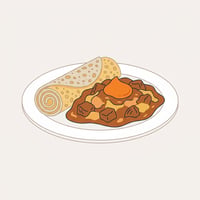 Flache Illustration äthiopischer Gerichte wie Injera mit verschiedenen Beilagen auf hellem Hintergrund.