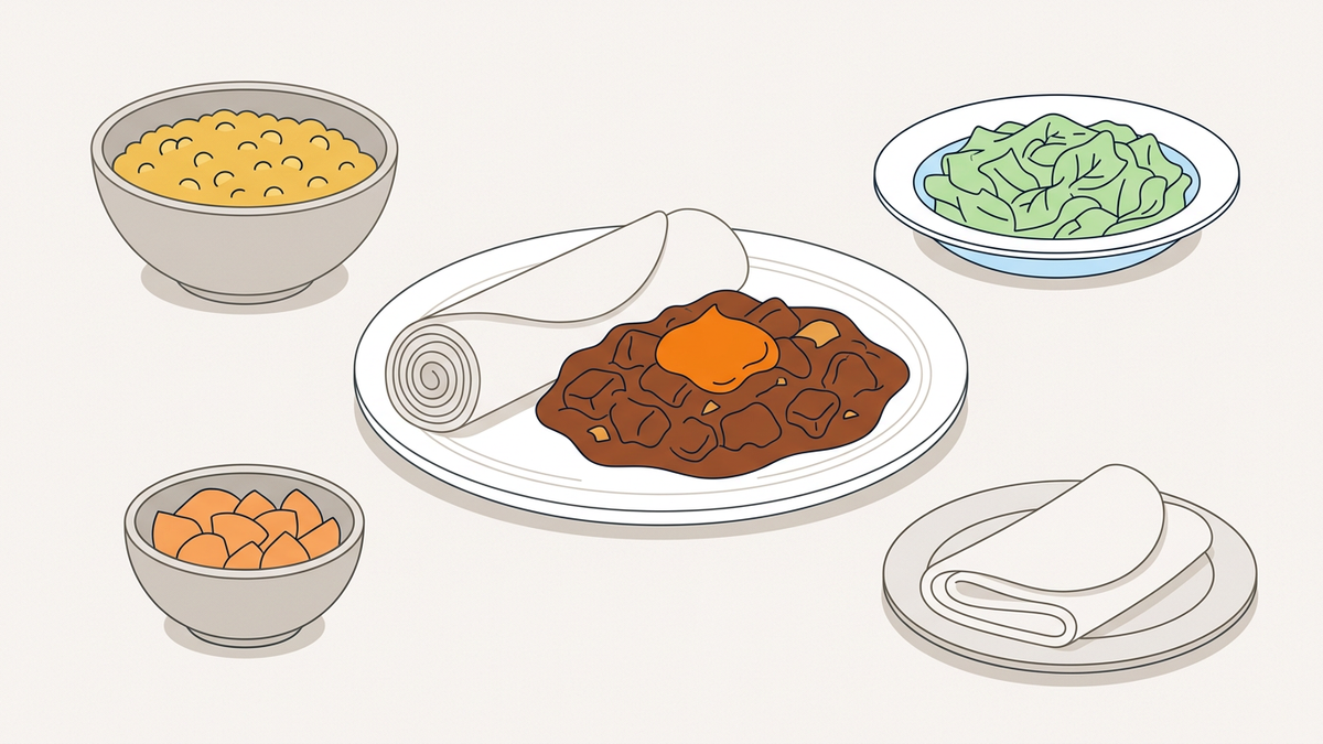Flache Illustration äthiopischer Gerichte wie Injera mit verschiedenen Beilagen auf hellem Hintergrund.