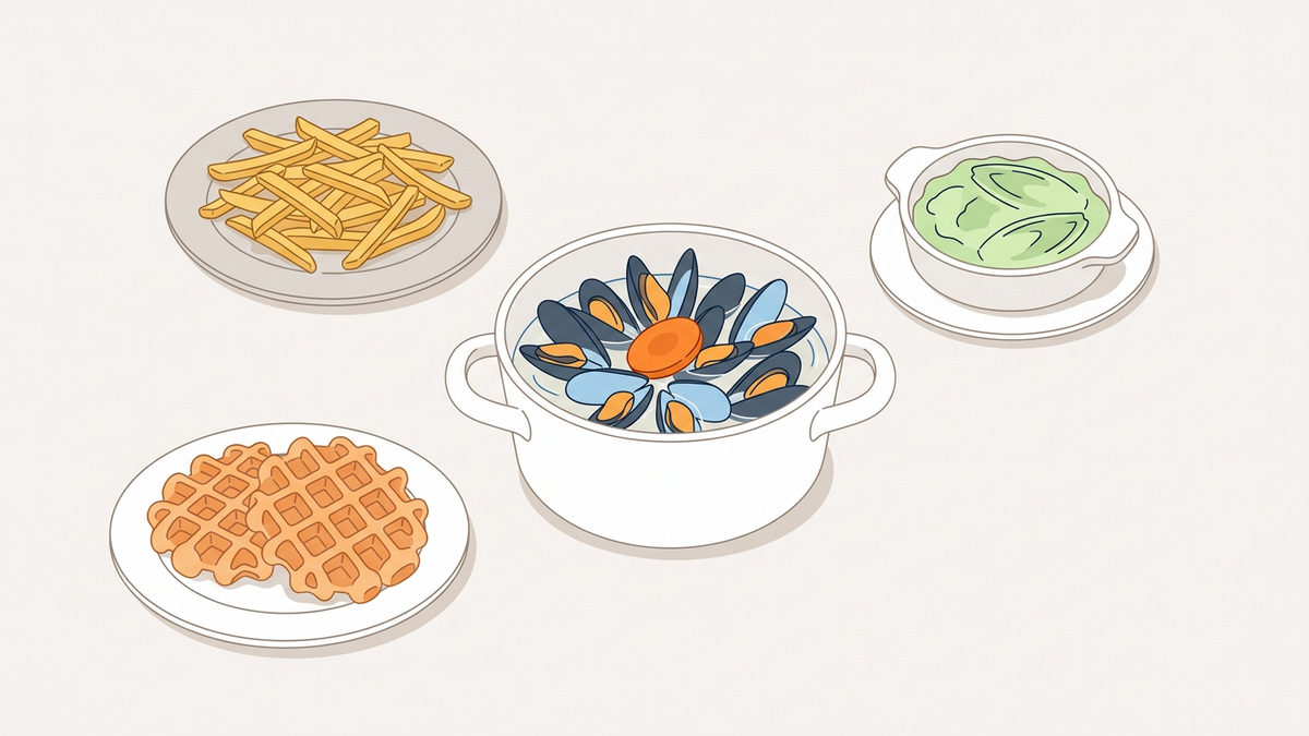 Flache Illustration belgischer Spezialitäten wie Pommes und Waffeln auf hellem Hintergrund