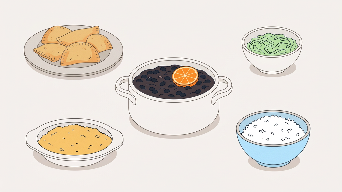 Flache Illustration typischer Gerichte der brasilianischen Küche auf hellem Hintergrund.